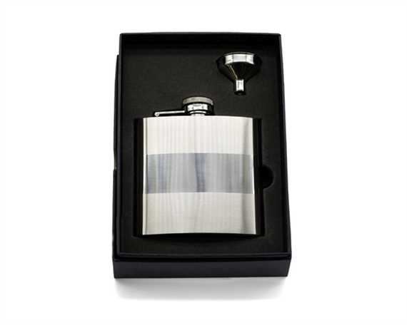 HIP FLASK 6 OZ IN PRESENTATION BOX BANDED STAINLESS STEEL