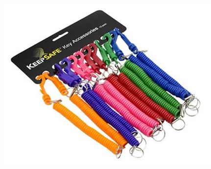 KEEPSAFE SPIRAL SPRING KEY RINGS ASSORTED COLOURS CARD OF 12