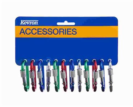 KEVRON CARABINEER W/SCREW LARGE ASSTD COLOURS 75MM CARD OF 12